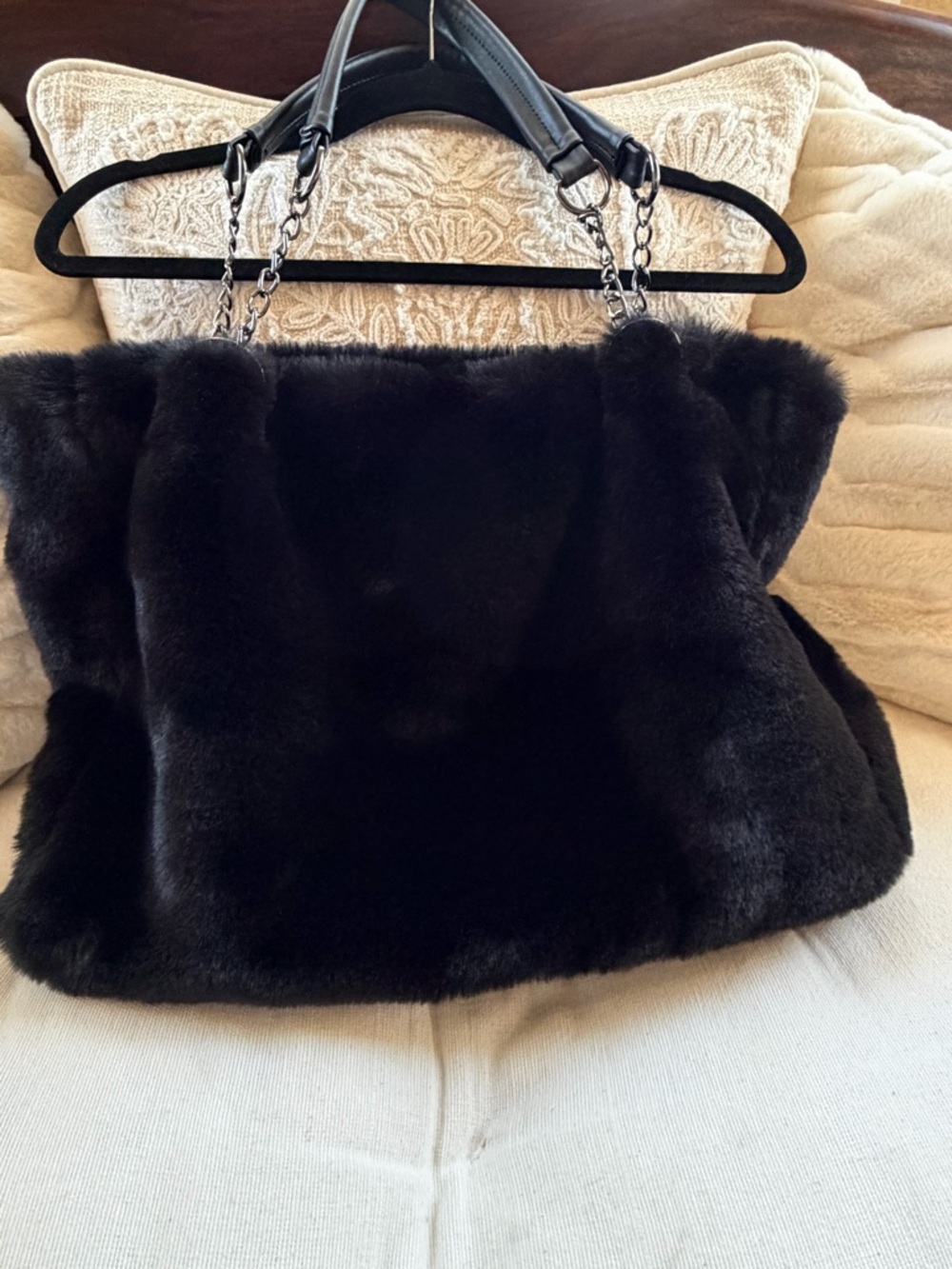 Plush Faux Fur Tote Bag with Chain Handles - Black
